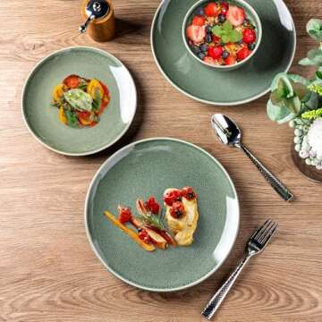 AmorArc Ceramic Dinnerware Sets for 4, 12 Pieces Handpainted Plates and Bowls Set, Scratch Resistant Stoneware Dishes Set, Dishwasher & Microwave Safe, Jade Green