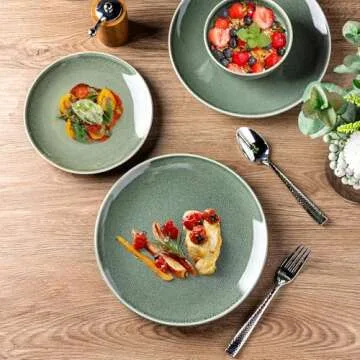 AmorArc Ceramic Dinnerware Sets for 4, 12 Pieces Handpainted Plates and Bowls Set, Scratch Resistant Stoneware Dishes Set, Dishwasher & Microwave Safe, Jade Green