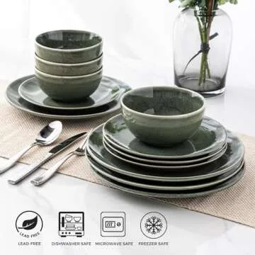 AmorArc Ceramic Dinnerware Sets for 4, 12 Pieces Handpainted Plates and Bowls Set, Scratch Resistant Stoneware Dishes Set, Dishwasher & Microwave Safe, Jade Green