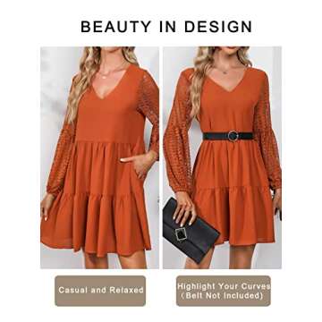 LATH.PIN Women’s 2023 Summer Dresses V Neck Lace Lantern Long Sleeves Tunic Dress Cute Shift Babyd...