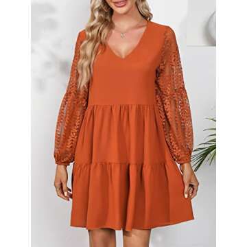LATH.PIN Women’s 2023 Summer Dresses V Neck Lace Lantern Long Sleeves Tunic Dress Cute Shift Babydoll Dress with Pocket Caramel