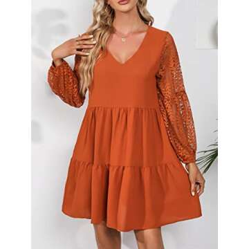 LATH.PIN Women’s 2023 Summer Dresses V Neck Lace Lantern Long Sleeves Tunic Dress Cute Shift Babydoll Dress with Pocket Caramel