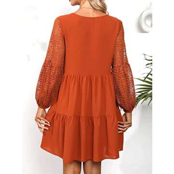 LATH.PIN Women’s 2023 Summer Dresses V Neck Lace Lantern Long Sleeves Tunic Dress Cute Shift Babydoll Dress with Pocket Caramel