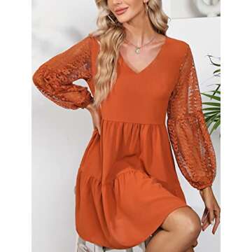 LATH.PIN Women’s 2023 Summer Dresses V Neck Lace Lantern Long Sleeves Tunic Dress Cute Shift Babydoll Dress with Pocket Caramel
