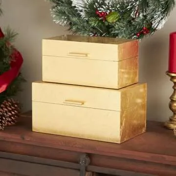 CosmoLiving by Cosmopolitan Wooden Decorative Box Decorative Keepsake Boxes with Textured Foiled Exterior, Set of 2 Storage Boxes 13", 11"W, Gold