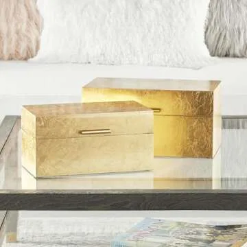 CosmoLiving by Cosmopolitan Wooden Decorative Box Decorative Keepsake Boxes with Textured Foiled Exterior, Set of 2 Storage Boxes 13", 11"W, Gold