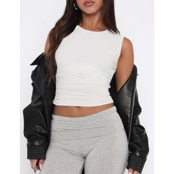 ZESICA Womens Summer Tank Tops 2025 Sleeveless Crewneck Knit Slim Fitted Side Ruched Casual Basic Shirt,White,Medium