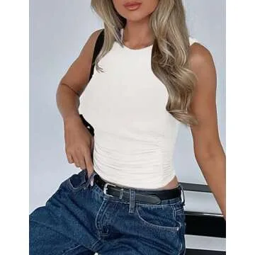 ZESICA Womens Summer Tank Tops 2025 Sleeveless Crewneck Knit Slim Fitted Side Ruched Casual Basic Shirt,White,Medium