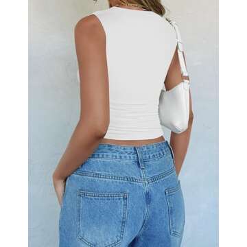 ZESICA Womens Summer Tank Tops 2025 Sleeveless Crewneck Knit Slim Fitted Side Ruched Casual Basic Shirt,White,Medium