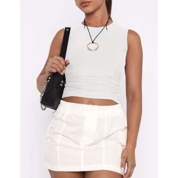 ZESICA Womens Summer Tank Tops 2025 Sleeveless Crewneck Knit Slim Fitted Side Ruched Casual Basic Shirt,White,Medium