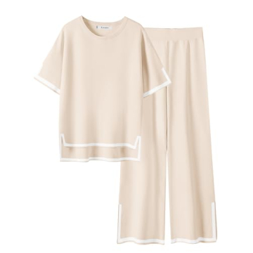 ANRABESS Two Piece Outfits for Women 2024 Fashion Short Sleeve Tops Wide Leg Pants Trendy Knit Sweat...