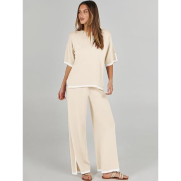 ANRABESS Two Piece Outfits for Women 2024 Fashion Short Sleeve Tops Wide Leg Pants Trendy Knit Sweater Lounge Clothes Sets