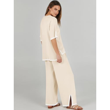ANRABESS Two Piece Outfits for Women 2024 Fashion Short Sleeve Tops Wide Leg Pants Trendy Knit Sweater Lounge Clothes Sets