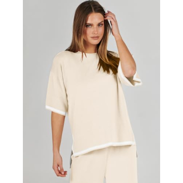 ANRABESS Two Piece Outfits for Women 2024 Fashion Short Sleeve Tops Wide Leg Pants Trendy Knit Sweater Lounge Clothes Sets