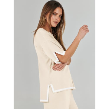 ANRABESS Two Piece Outfits for Women 2024 Fashion Short Sleeve Tops Wide Leg Pants Trendy Knit Sweater Lounge Clothes Sets