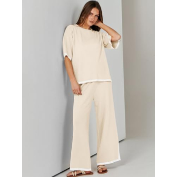 ANRABESS Two Piece Outfits for Women 2024 Fashion Short Sleeve Tops Wide Leg Pants Trendy Knit Sweater Lounge Clothes Sets