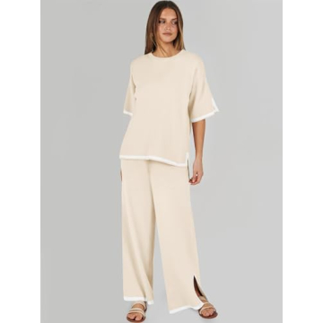 ANRABESS Two Piece Outfits for Women 2024 Fashion Short Sleeve Tops Wide Leg Pants Trendy Knit Sweater Lounge Clothes Sets