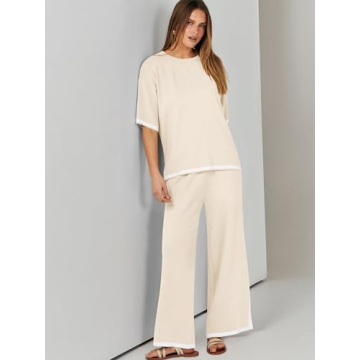 ANRABESS Two Piece Outfits for Women 2024 Fashion Short Sleeve Tops Wide Leg Pants Trendy Knit Sweater Lounge Clothes Sets