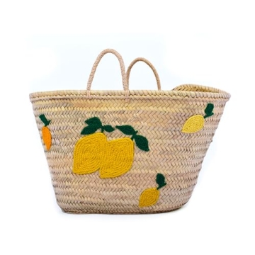 Italian-Inspired Lemon Beach Vacation Tote - Vibrant Summer Bags For Women - Woven Basket Style Stra...