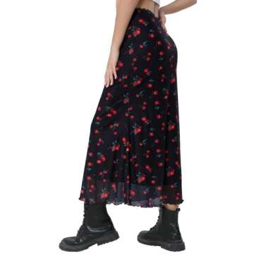 Avanova Women Cute Mesh Mermaid Skirt High Waist Cherry Print Summer Midi Skirt Black A Small