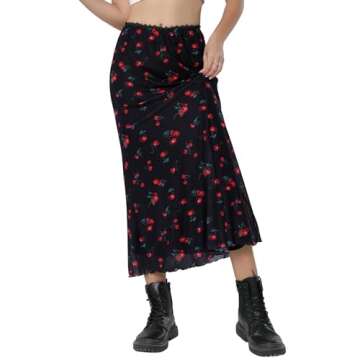 Avanova Women Cute Mesh Mermaid Skirt High Waist Cherry Print Summer Midi Skirt Black A Small