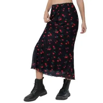 Avanova Women Cute Mesh Mermaid Skirt High Waist Cherry Print Summer Midi Skirt Black A Small