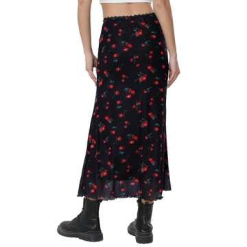Avanova Women Cute Mesh Mermaid Skirt High Waist Cherry Print Summer Midi Skirt Black A Small
