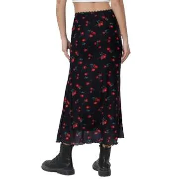 Avanova Women Cute Mesh Mermaid Skirt High Waist Cherry Print Summer Midi Skirt Black A Small