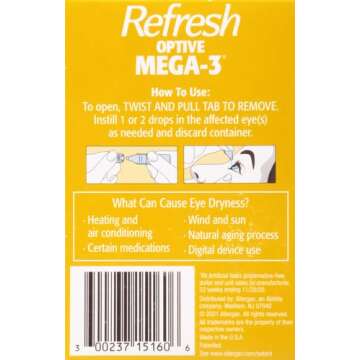 Refresh Optive MEGA-3 Lubricant Eye Drops Preservative-Free Artificial Tears, 0.01 fl oz (0.4 mL), 60 Single-Use Containers