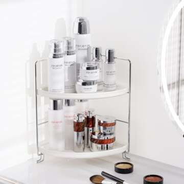 FSyueyun 2-Tier Corner Bathroom Counter Organizer, Tool-Less Installation Vanity Shelf Small Plastics Countertop Makeup Tray Skincare Perfume Organizers (Silver)