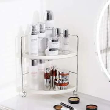 FSyueyun 2-Tier Corner Bathroom Counter Organizer, Tool-Less Installation Vanity Shelf Small Plastics Countertop Makeup Tray Skincare Perfume Organizers (Silver)