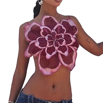 MAINESAKA Women 3D Flower Spaghetti Strap Crop Cami Summer Sleeveless Backless Camisoles Y2k Going O...