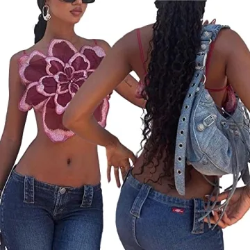 MAINESAKA Women 3D Flower Spaghetti Strap Crop Cami Summer Sleeveless Backless Camisoles Y2k Going Out Party Shirt Streetwear (Wine Red, S)