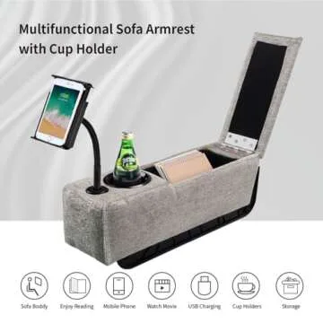 ARMRESTO Multifunctional Sofa Armrest, Couch Armrest with Wireless Charge Stand, Removable Couch Caddy with Storage,Including LED Reading Light,Pewter