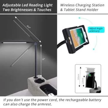 ARMRESTO Multifunctional Sofa Armrest, Couch Armrest with Wireless Charge Stand, Removable Couch Caddy with Storage,Including LED Reading Light,Pewter