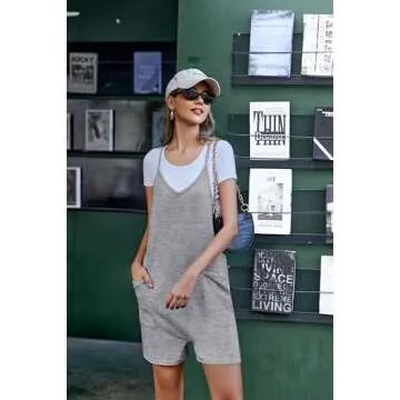 Ekouaer Women's Grey Romper For Women Casual Adjustable Strap Loose Short Overalls Jumpsuit 2024 Fashion Gery S