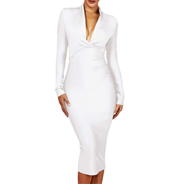 UONBOX Women's Deep Plunge V Neck Long Sleeves Draped Bodycon Dress