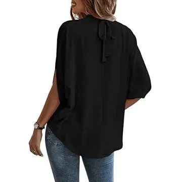 Verdusa Women's Casual Tie Back Dolman Sleeve Mock Neck Blouse Top Black M