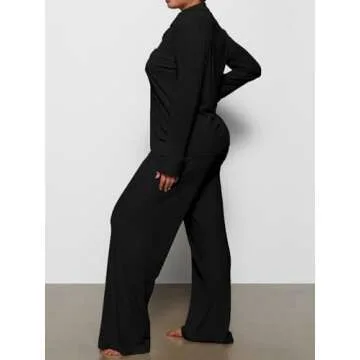 AnotherChill Women's Pajamas Set Long Sleeve Button Down Ribbed Knit 2 Piece Sleep Sets Loungewear Soft Pjs (Black, Medium)