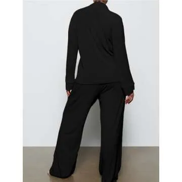 AnotherChill Women's Pajamas Set Long Sleeve Button Down Ribbed Knit 2 Piece Sleep Sets Loungewear Soft Pjs (Black, Medium)