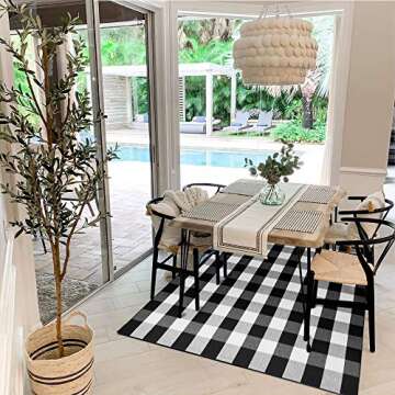 KOZYFLY Buffalo Plaid Area Rug 5 x 7 Ft Black and White Checkered Rug Washable Outdoor Patio Rugs Cotton Rugs for Living Room Carpet for Dining Room Bedroom Farmhouse Rug