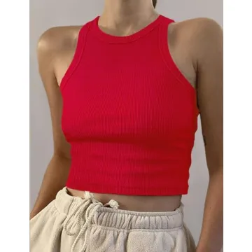 Artfish Casual Sleeveless High Neck Rib-Knit Crop Top