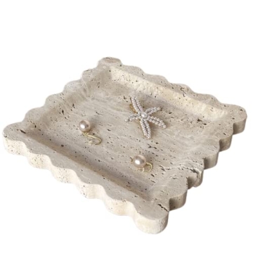 SAIDKOCC Vintage Natural Marble Tray Small Ornaments Scalloped Tray Handmade Storage Dish for Counter, Vanity, Dresser, Nightstand and Desk (Beige Travertine)