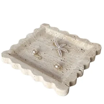 SAIDKOCC Vintage Natural Marble Tray Small Ornaments Scalloped Tray Handmade Storage Dish for Counter, Vanity, Dresser, Nightstand and Desk (Beige Travertine)