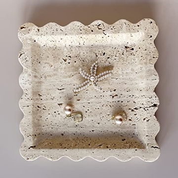 SAIDKOCC Vintage Natural Marble Tray Small Ornaments Scalloped Tray Handmade Storage Dish for Counter, Vanity, Dresser, Nightstand and Desk (Beige Travertine)