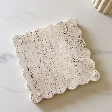 SAIDKOCC Vintage Natural Marble Tray Small Ornaments Scalloped Tray Handmade Storage Dish for Counter, Vanity, Dresser, Nightstand and Desk (Beige Travertine)