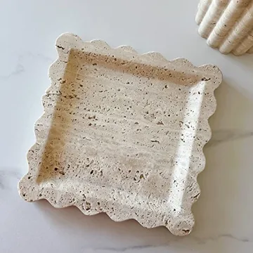 SAIDKOCC Vintage Natural Marble Tray Small Ornaments Scalloped Tray Handmade Storage Dish for Counter, Vanity, Dresser, Nightstand and Desk (Beige Travertine)