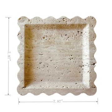 SAIDKOCC Vintage Natural Marble Tray Small Ornaments Scalloped Tray Handmade Storage Dish for Counter, Vanity, Dresser, Nightstand and Desk (Beige Travertine)