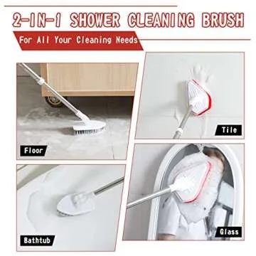 2-in-1 Shower Scrubber for Cleaning with 46'' Long Handle, Fixable Shower Cleaning Brush, Flexible Bathroom Scrubber for Shower/Bathroom, Non Scratch Bathtub Scrubber with Microfiber Cloth by MAYKI