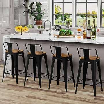 Andeworld Metal Bar Stools Set of 4 Kitchen Counter Stools Bristro Barstools Industrial Bar Stools (26 Inch, Black with Wooden Seats)